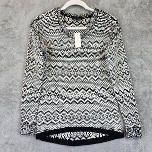 Ann Taylor Sweater Womens XS Black White Wool Blend Crewneck Hi Low Pattern Knit